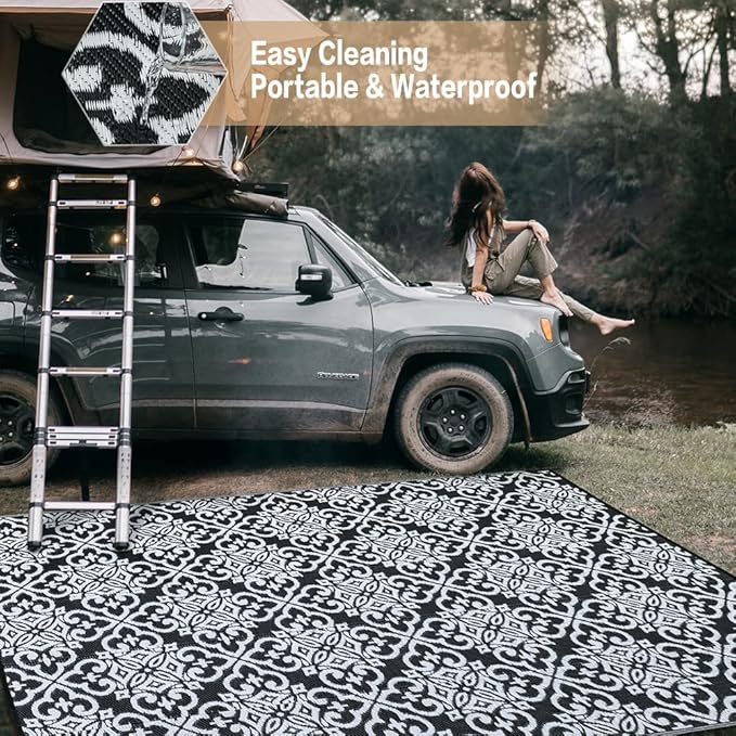 HUGEAR Outdoor Rug for Patios Clearance,Waterproof Mat,Large Outside Carpet,Reversible Plastic Straw Camping Rugs,Rv,Porch,Deck,Camper,Balcony,Backyard (5x8,Danica/Black&White)