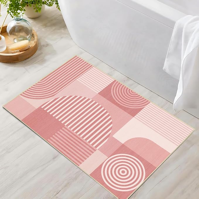 Pink Geometric Rug 2x3 for Entryway Machine Washable Mid Century Modern Rug Non Slip Low Pile Minimalist Line Rugs Door Indoor Mat Carpet for Bathroom Bedroom Kitchen Laundry,Pink