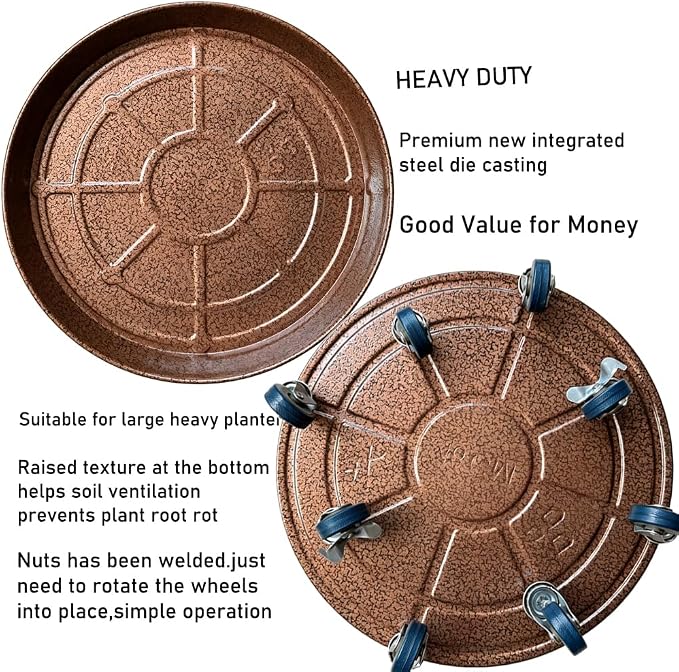 Rolling Planter Caddy(470lbs Capacity), Heavy Duty Metal Plant Stand with Brake Wheels Plant Dolly Mover Plant Pot Tray Saucer for Indoor Outdoor 18inches Copper