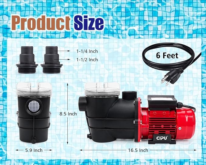CIPU 1/3 HP Pool Pump with Filter Basket, 2400 GPH Above Ground Pool Pump with Hose Adapters, Self-Priming Pool Filter Pump Replacement for Sand Filter Systems and Frame Pools