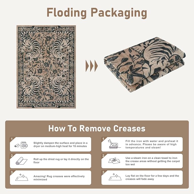 LIVEBOX Tiger Washable Area Rug 8x10, Boho Rugs for Living Room Non-Slip Jungle Floral Bedroom Rug, Vintage Soft Western Animal Floor Carpet for Dining Room Home Office Dorm (Taupe)