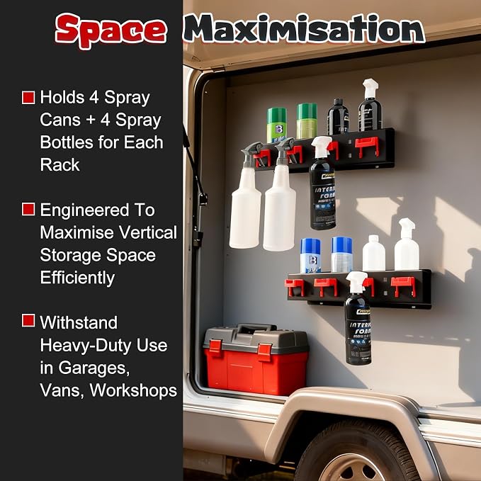 2 Pack Spray Bottle Holder Wall Mount, Carbon Steel Heavy-Duty Car Detailing Bottle Organizer, Spray Can Holder Rack with 4 Holes & 4 Hooks, Space Saving Storage Holder for Garage Workshop Van Shed