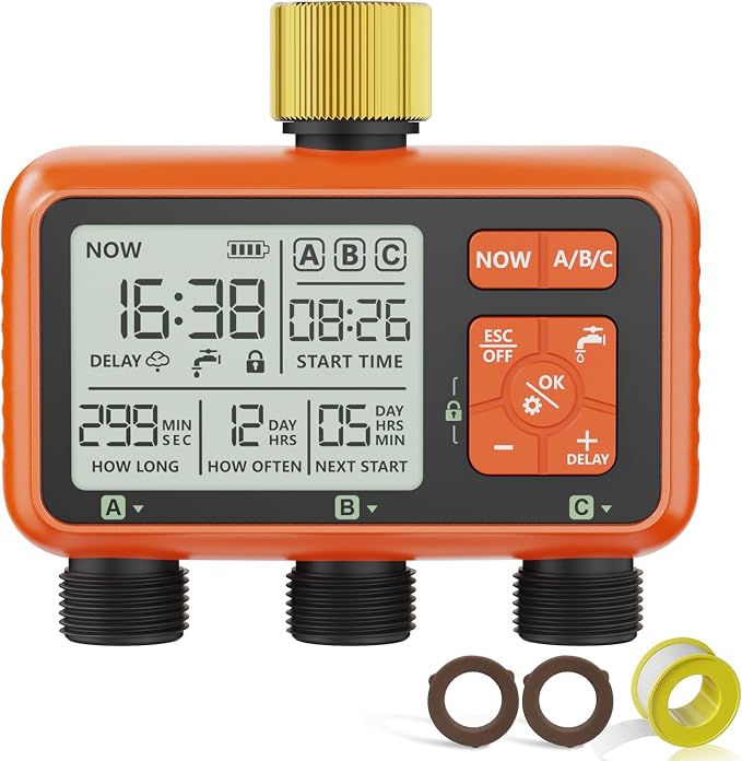 Sprinkler Timer 3 Zone with Brass Inlet Water Timer for Garden Hose Programmable Hose Faucet Controller with Independent Zone Control Custom Rain Delay Manual&Auto Watering Child Lock for Yard Lawn