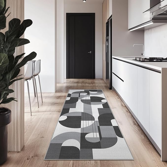 2x6 Black and White Geometric Modern Runner Rug for Kitchen Entryway Hallway Abstract Area Rug Machine Washable Non-Slip Carpet for Bedroom Bathroom Bedside