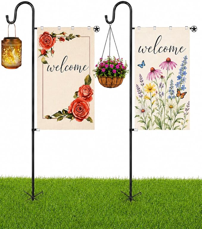 LOPANNY Large Garden Flag Holder Stand Pole for 28 x 40 Flags with Shepherds Hooks for Outdoor - 2 Pack Upgraded Sturdy 60In Yard Flag Post Stake for Outdoor Decor(without Solar Lights & Flag)
