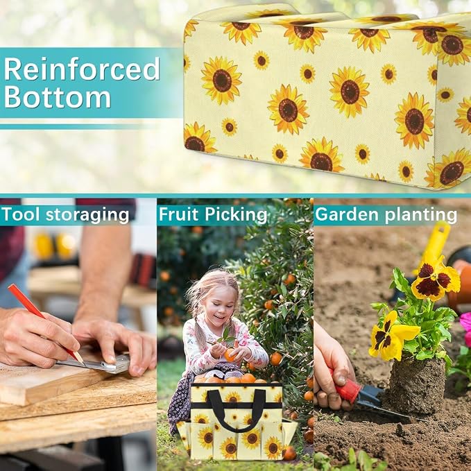 Sunflower Gardening Tool Bag,Heavy Duty Garden Tote Bag,Portable Oxford Gardening Storage Basket Organizer Handbag with Pockets Handle,Hand Tools Gifts for Outdoor Garden Lawn Yard