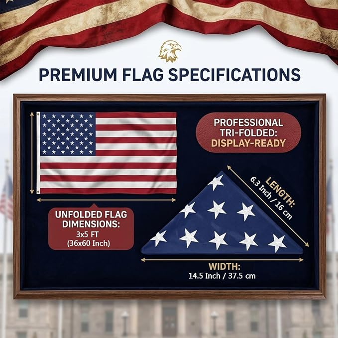 JRED 100% Cotton Folded American Flags for Outside 3x5 FT US Flag Heavy Duty Outdoor Embroidered Stars Brass Grommets Triangle Packaged for Memorial, Burial, or Display
