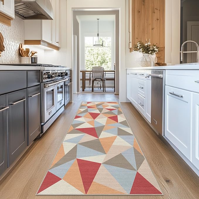 2x6 Colorful Triangle Geometric Runner Rug for Kitchen Entryway Hallway Abstract Modern Area Rug Machine Washable Non-Slip Carpet for Bedroom Bathroom Bedside Entrance