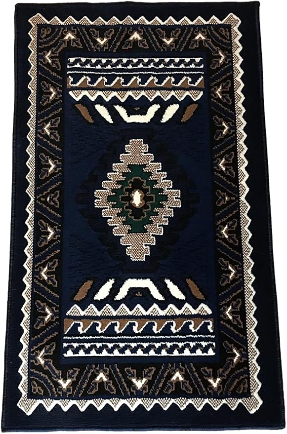 YHSF South West Native American Area Rug D143 - Easy Clean, Thick, Soft, Durable Tribal Indian Inspired Kingdom Design Runner Rug for Bedroom/Living Room & More - Navy Blue, 2 Feet x 3 Feet 4 Inches | Easy-Clean, Soft & Durable Tribal Rug for Living Ro...