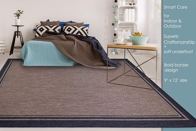Gertmenian Indoor/Outdoor Flatweave Area Rug - 9x13 Extra Large, Stain & UV Resistant, Ideal For Deck, Patio, Poolside, Mudroom - Simple Border, Black/Tan, 22012