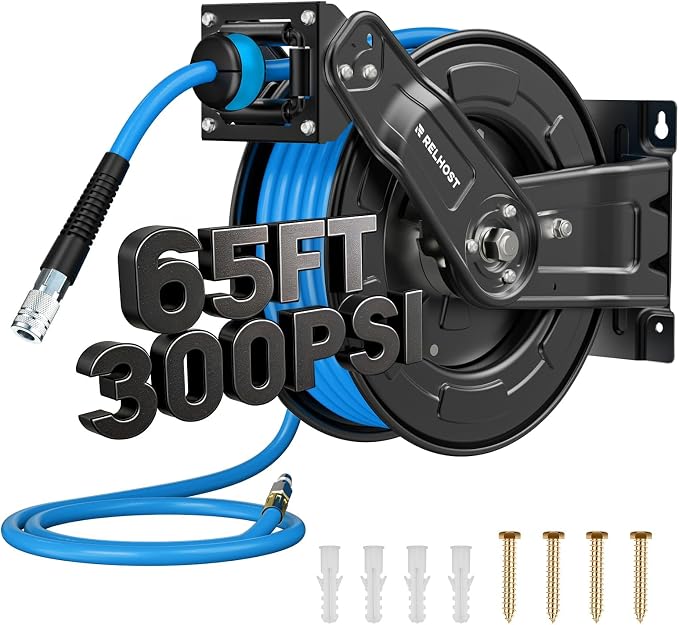 Retractable Air Hose Reel, 65ft x 3/8in Hybrid Air Hose (300PSI), Heavy Duty Compressor Hose Reel, Auto Rewind - Wall/Ceiling Mount for Workshops