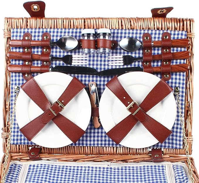 4-Person Handmade Wicker Picnic Basket Set, with Insulated Cooler Compartment, Complete Cutlery Kit, for Outdoor Parties, Picnics, Beach Trips