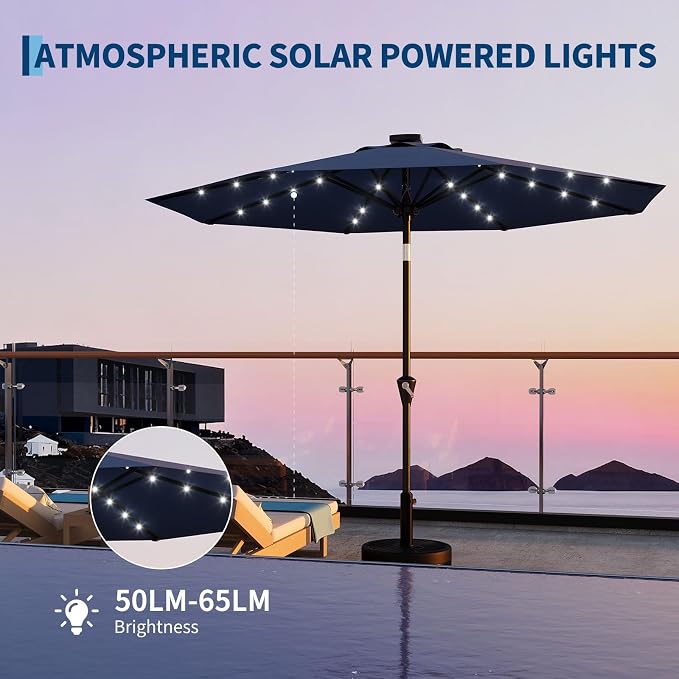 Patio Umbrella with Solar Lights, Outdoor Table Umbrella with 8 Durable Ribs, Tilt & Crank Mechanism, Water & UV Protection Sun Shade Umbrella for Garden, Poolside, Backyard (Navy Blue, 9 FT)