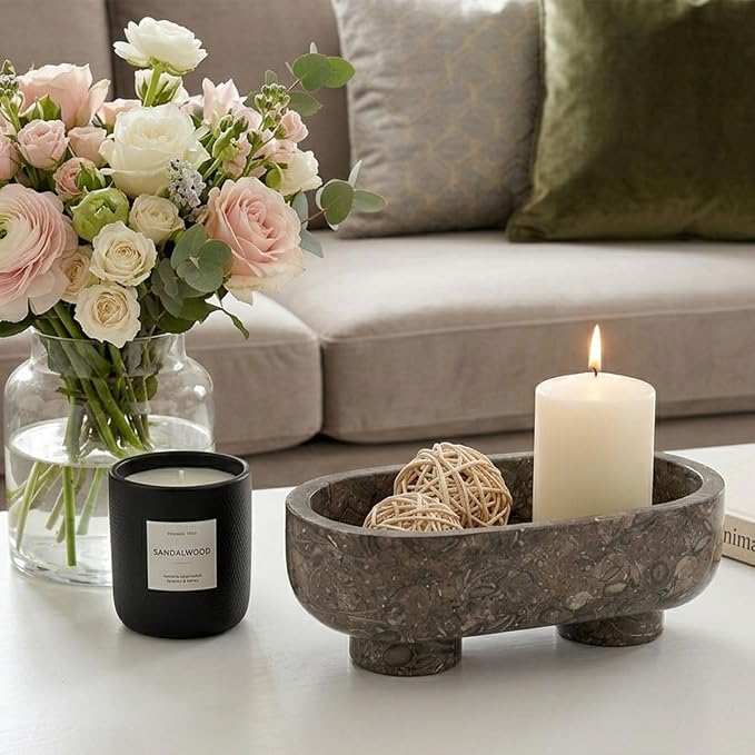 Radicaln Marble Oval Bowl With Stand 10" Inches Oceanic Handmade Decorative Bowl, Ideal Key Bowl & Candle Holder, Candy and fruit Dish For Kitchen Countertop
