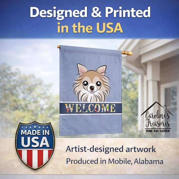 Caroline's Treasures BB1437CHF Chihuahua Welcome House Flag, Blue Large Porch Sleeve Pole Decorative Outside Yard Banner Artwork Wall Hanging, Polyester, House Size, Multicolor