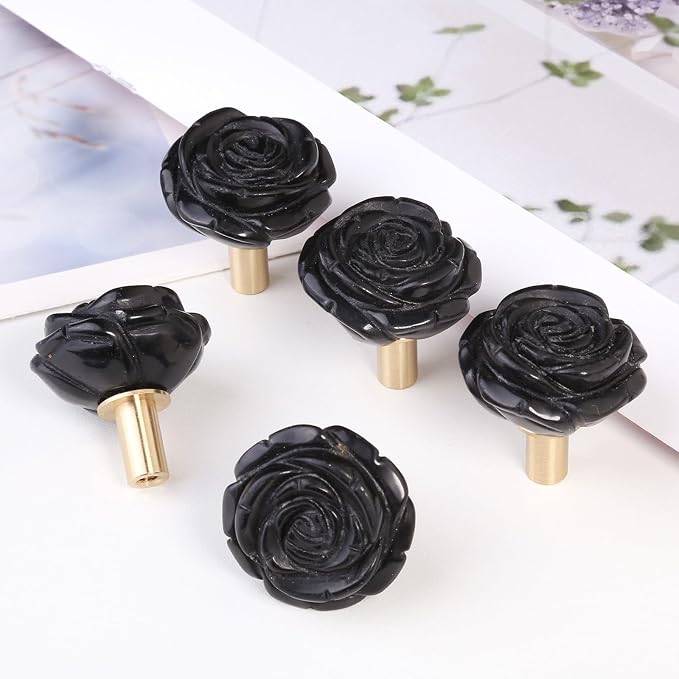 mookaitedecor Set of 4 Natural Black Obsidian Crystal Cabinet Knobs with Screws, Decorative Floral Stone Drawer Pulls for Dresser Door Kitchen