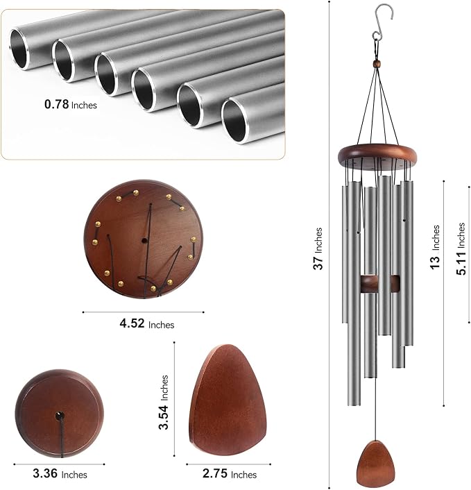 Wind Chimes for Outside with Wood Wind Catcher, 37 Inches Large Aluminum Windchimes Outdoors for Patio Decoration & Zen Atmosphere, Best Gifts for Mom(Silver Grey)