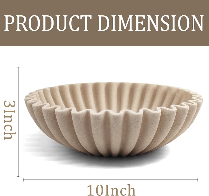 LIN CHUAN Ruffle Decorative Bowl, Large Fruit Bowl for Kitchen Counter, Stylish Key Bowl for Entry Table, Handcrafted Home Decor Display bowl, Artificial Stone Beige