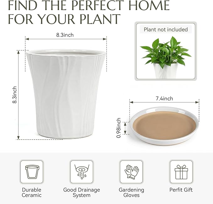 8.3 Inch Ceramic pots for Plants with Saucer Drainage Leak-Proof Mesh, Round Plant Pot with Gardening Gloves for Indoor Outdoor Plants (Rippled White)