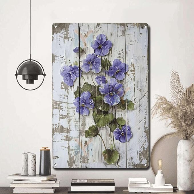 Metal Sign Tin Sign Vintage Wall Art Rustic Charm Violets Tin Sign for Shabby Chic Gardens Cottage Style Decor and Weather Resistant D Home Deccor Store Home Decor for Club 12×16 Inches