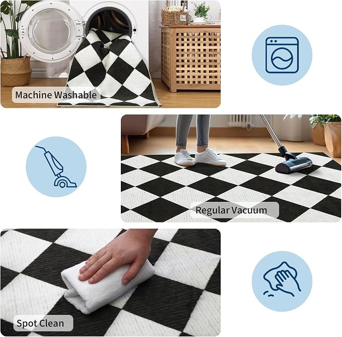 GarveeHome Black and White Area Rugs 8x10 Living Room Checkered Washable | Large Rug Soft Non Slip Backing Floor Mat Carpet Indoor Thin Rug for Bedroom Dining Room Playroom Nursery Home Decor