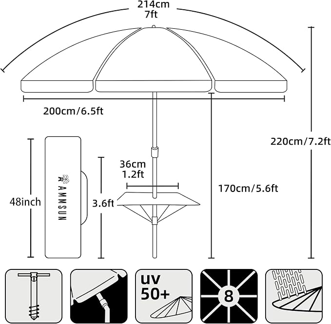 AMMSUN 7ft Heavy Duty High Wind Beach Umbrella with sand anchor Built-in Table Tray Vent Tilt Pole, UPF 50+ Windproof Portable Outdoor Umbrellas Carry Bag for Patio Garden Pool Backyard Red