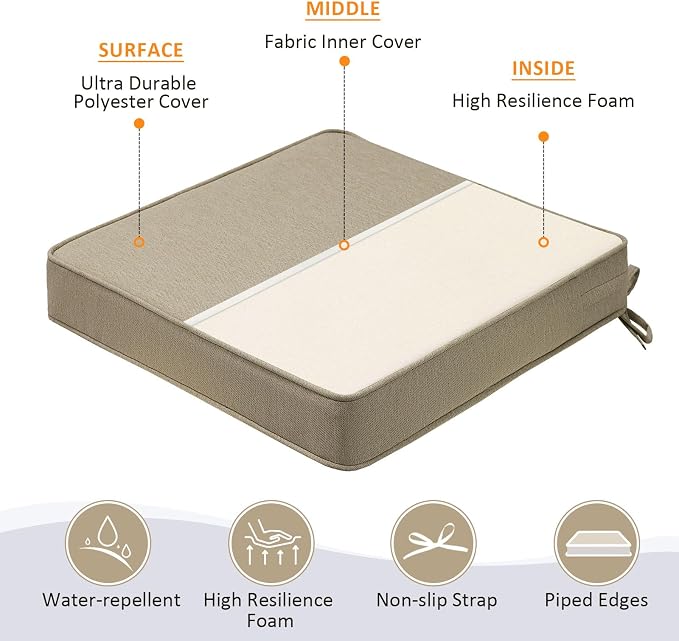 Unimatta Square Corner Seat Cushions, 19" x 19" x 3", Set of 4, Indoor Outdoor Water Repellent Universal Chair Pads with Ties for Patio Furniture, Garden Deck Dining Chairs, Tan