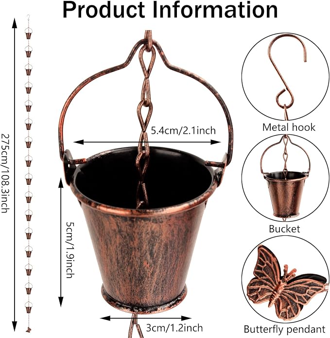 8.5FT Wrought Iron Rain Chain, Rustic Brown Bucket Design, 16 Cups, Gutter Adapter & Decorative Butterfly, Outdoor Garden Decor