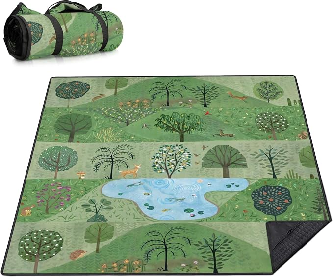 Picnic Blankets Extra Large Waterproof, 80"x 80" Forest Beach Mat with Corner Pockets Windproof Sandproof Foldable Portable 3-Layer Mat Darker for Wet Grass,Parks,Music Festival,Camping,Concerts