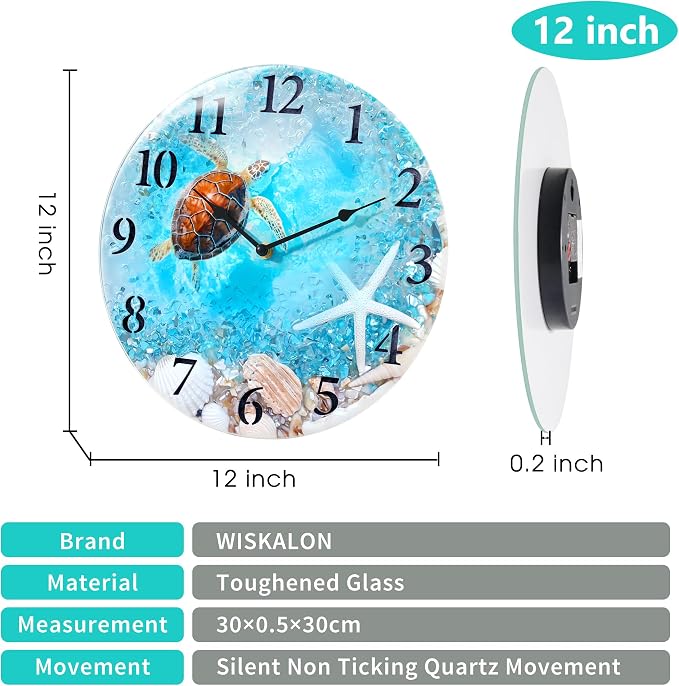 WISKALON Coastal Nautical Glass Wall Clock with Seashell Design and Turtle Beach Theme - Battery Operated Silent Wall Decor for Home, Kitchen, Living Room, Office, Bedroom, or Bathroom (12 Inch,Blue)