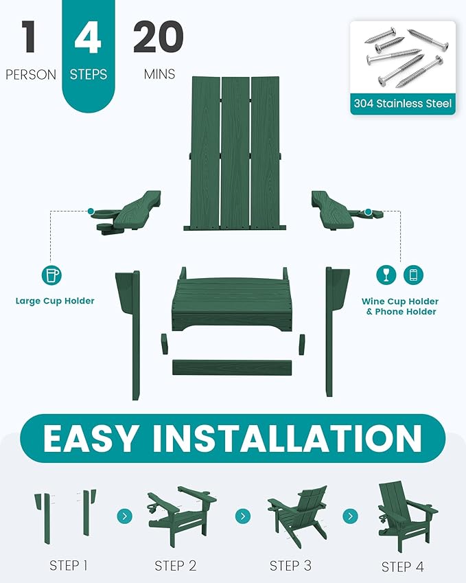 SERWALL Modern Adirondack Chair Set of 2, Folding Adirondack Chair with Cup Holders, Fire Pit Chairs, Lawn Chair for Patio Garden, Green
