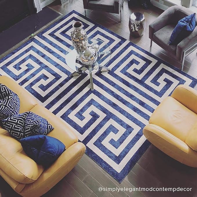 Unique Loom Athens Collection Classic Geometric Modern Border Design Area Rug (8' 0 x 11' 4 Rectangular, Navy Blue/ Beige)