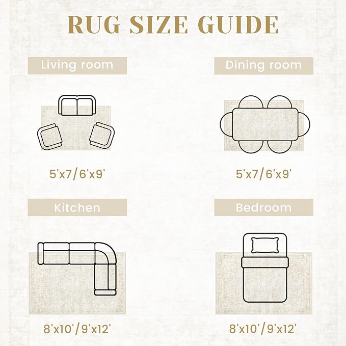 6x9 Area Rugs for Living Room: Washable Vintage Floral Rug Low Pile Non-Slip Boho Carpet for Bedroom Nursery Dining Room (Beige, 6'x9')