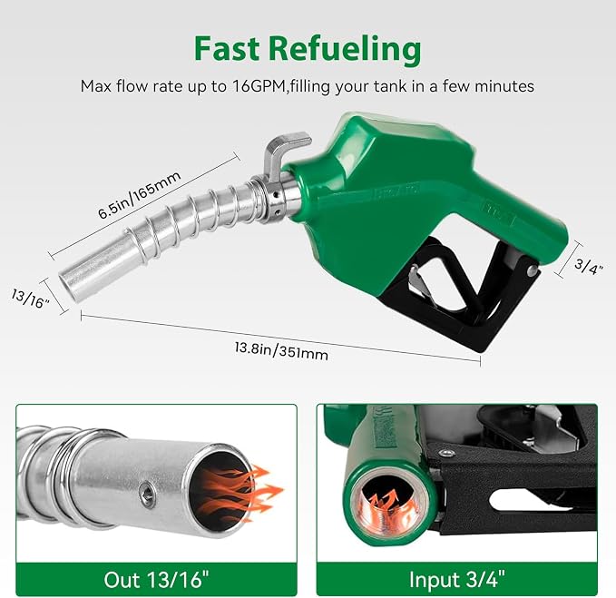 Shearly 3/4" NPT Automatic Fuel Nozzle with Hanging Hook, 3-speed Padlock, Auto Shut Off Gas Pump Nozzle Max Flow Rate 16 GPM,13/16"Spout for Gasoline, Diesel