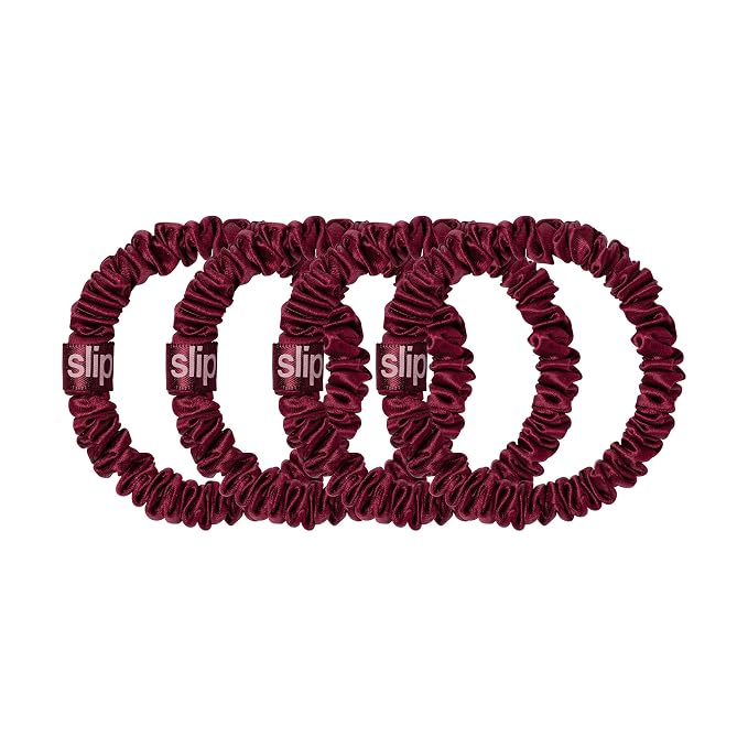 Slip Silk Hair Ties — Skinny Silk Maroon Scrunchies, No Damage, No Crease, Anti-Breakage |100% Mulberry Silk | All Hair Types | Made with Proprietary Slipsilk™ | Set of 4