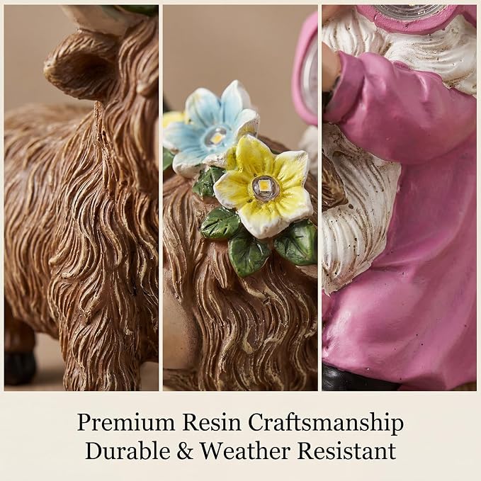 iStatue Solar Highland Cow Garden Statue with Animated LED Goggles - 8.7" Resin Gnome Figurine Moving Pixel Matrix Eyes Unique for Mom Women (Pink)