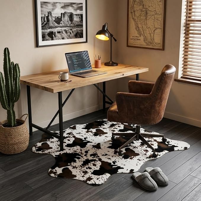 MustMat Cow Print Faux Cowhide Rug, Urban Western Decor Rug 4'7''×5'3'' | Works for Bedroom, Dining & Office | Matches Rustic Farmhouse | Perfect for Holiday & Birthday Parties