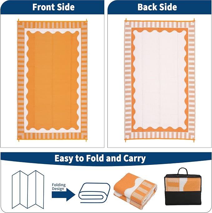 Garvee Large Waterproof Outdoor Rug 8x10 Outdoor Patio Rug, Modern Scalloped Reversible Plastic Straw Camping Rugs, Bordered Outside Carpet for Picnic Backyard Deck Balcony Trailer, Orange