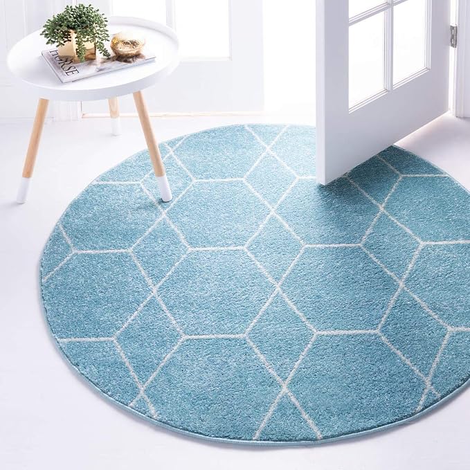 Unique Loom Trellis Frieze Collection Area Rug - Geometric (8' Round, Light Blue/ Ivory)