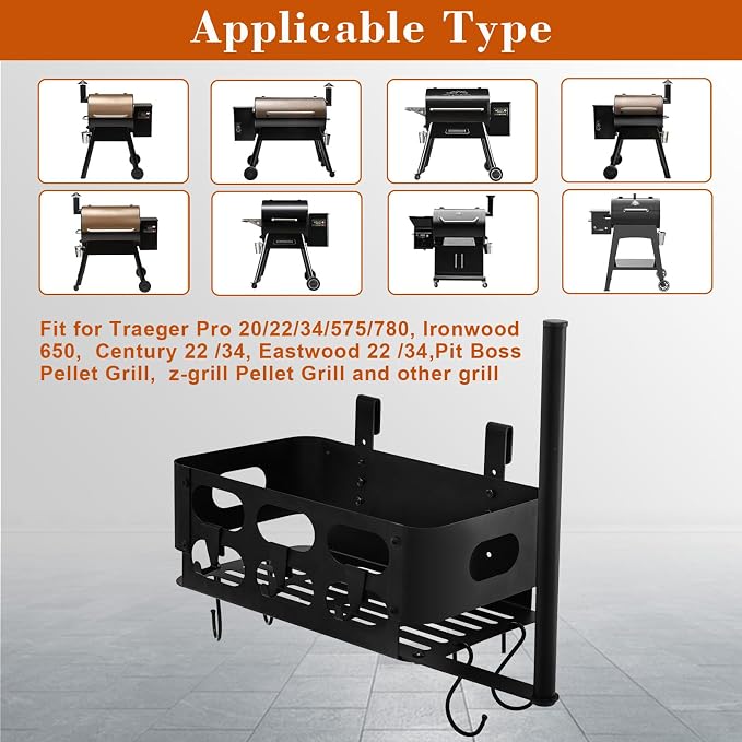 Storage Bin for Traeger Grills,BBQ Basket with Paper Towel Holder,7 Metal Hooks Compatible with Traeger Pro 20/22/34/575/780, Ironwood 650, Z Grills, Pit Boss Pellet Grills Black