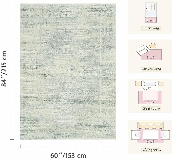 Latte&Fog 5x7 Area Rugs for Living Room, Washable Green Rugs for Bedroom | Non Slip Low Pile Soft Floral Viintage Carpet for Dining Kitchen Kids Playroom Nursery Classroom Dorm Farmhouse Office