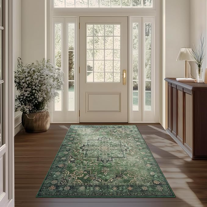 Tranditional Dark Green 4x6 Area Rugs for Living Room, Washable Non Slip Bedroom Bedside Throw Rugs, Vintage Distressed Medallion Printed Low Pile Soft Carpet for Entryway/Home Office/Kitchen