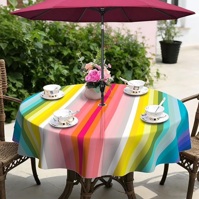 Mexico Strip Round Outdoor Tablecloth with Umbrella Hole 60" x 60" Waterproof Zipper Table Cloth for Patio Table - Ideal Tablecloths for Picnics, Camping, and Yard Use