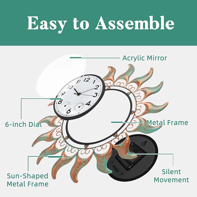 Outdoor Clock with Thermometer and Hygrometer Combo, 13 Inch Bronze Sun Outdoor Wall Clock Waterproof, Silent No-Ticking Outdoor Clocks for Patio, Living Room, Kitchen, Garden