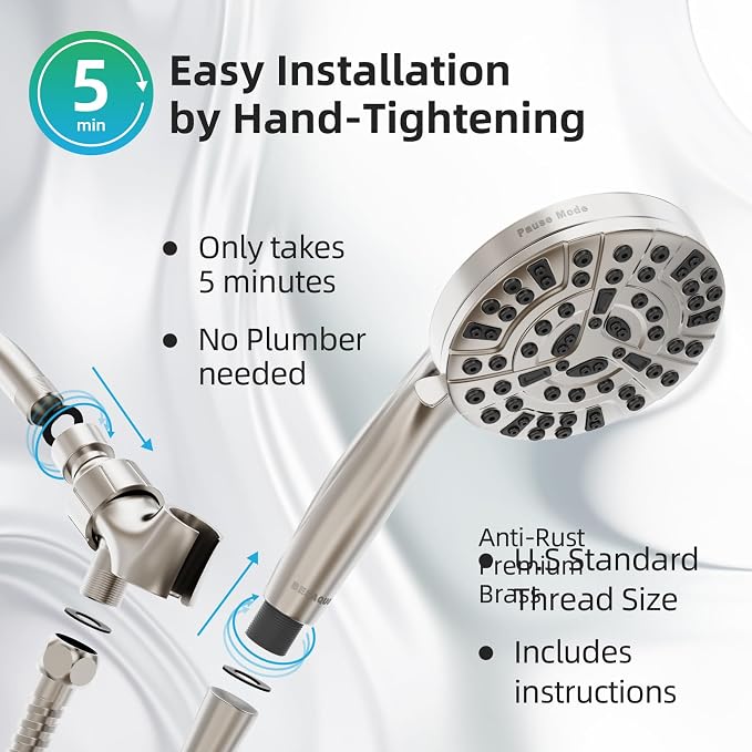BESAQUO Shower Head, 9 Settings High Pressure shower head with handheld, Built-in Pause Mode & Power Wash, Non-Clogging Nozzles, 6ft Hose,Bracket(Satin Nickel, 9 Settings)