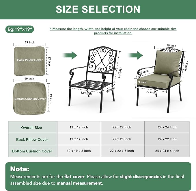 Summsun Water Resistant Outdoor Chair Cushions, Faux Linen Backrest and Deep Seat Cushion Set with Ties, Removable Cover, Non-Slip Bottom for Patio Furniture, 22 x 22 Inch, Mocca Green, Set of 4