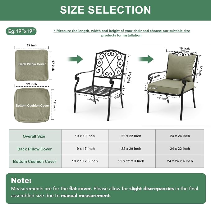 Summsun Water Resistant Outdoor Chair Cushions, Faux Linen Backrest and Deep Seat Cushion Set with Ties, Removable Cover, Non-Slip Bottom for Patio Furniture, 22 x 22 Inch, Mocca Green