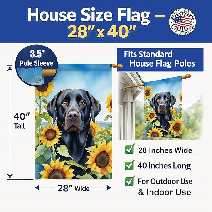 Caroline's Treasures DAC6109CHF Labrador Retriever in Sunflowers House Flag Large Porch Sleeve Pole Decorative Outside Yard Banner Artwork Wall Hanging, Polyester, House Size, Multicolor