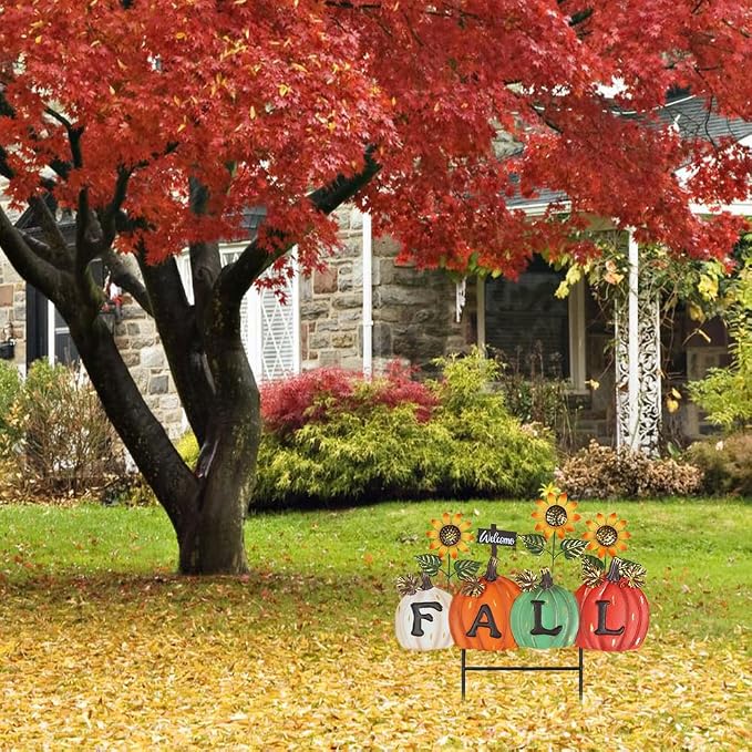 YEAHOME Fall Decorations Outdoor, Fall Letter Pumpkin Decorative Garden Stakes with Sunflower for Fall Decor, Metal Yard Signs for Home Outside Garden Lawn Porch Thanksgiving Decorations