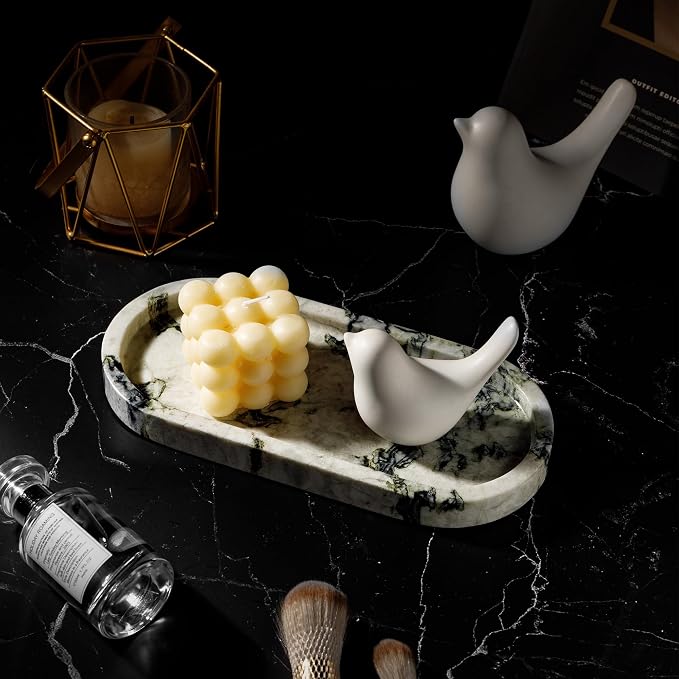 Natural Marble Vanity Tray Luxury Oval Stone Trays for Jewelry Perfume Candle, Calacatta Viola Decorative Dish for Bathroom,Bedroom,Dresser Countertop Storage Organizer for Home Decor (WH059)